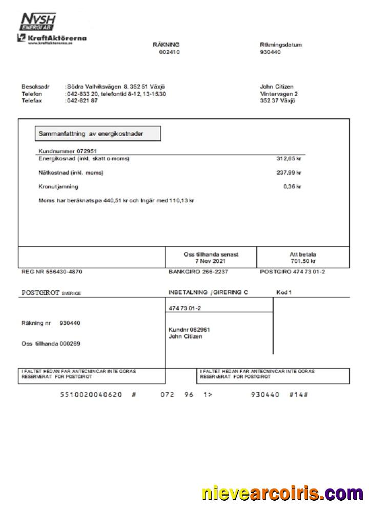 Sweden NVSH Energi utility bill
